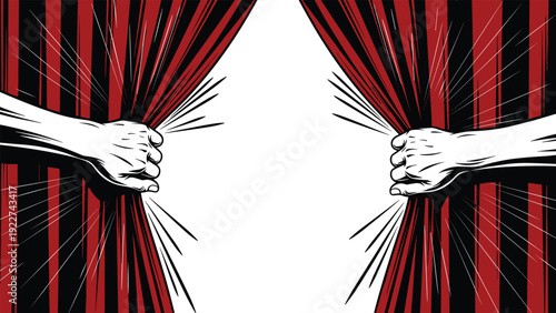 Red theater curtain vector opening with hands revealing empty stage background