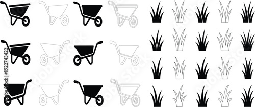A collection of wine glasses with grapes beside a baby stroller and wheelbarrow gardening icon set illustration