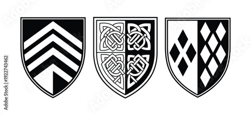 Medieval shield vector emblems with heraldic patterns and traditional symbols