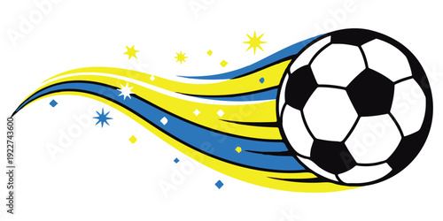 Soccer ball flying with Sweden flag motion blur effect in dynamic yellow blue stars background