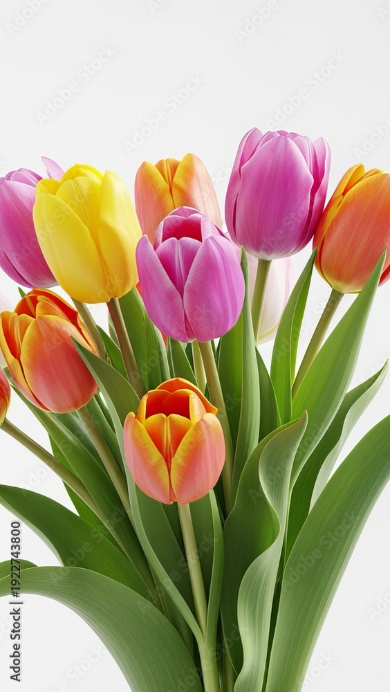 Obraz premium Vibrant Tulip Bouquet in a Variety of Colors on a Bright White Background, Ideal for Spring Decor