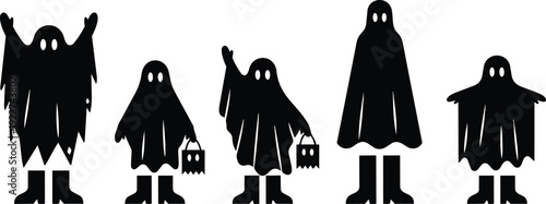 Minimalist vector halloween ghost family silhouettes holding trick or treat bags lined up varying height looking at camera black background