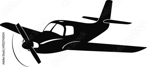 Single engine propeller airplane silhouette isolated on gray background for aviation logo, flight design and aircraft illustration projects