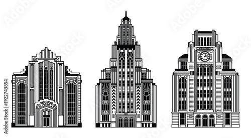 Art deco buildings vector set with elaborate architectural details and vintage style