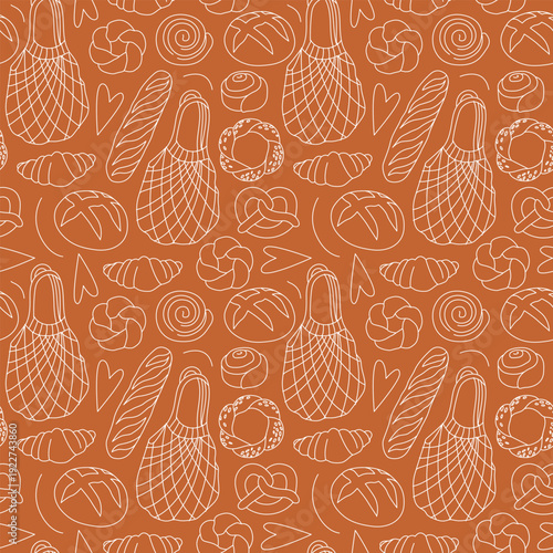 Hand-drawn seamless pattern with bread loaves and pastry for bakery branding and packaging and backgrounds in line art style
