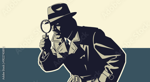 Illustration of a detective examining clues with a magnifying glass.