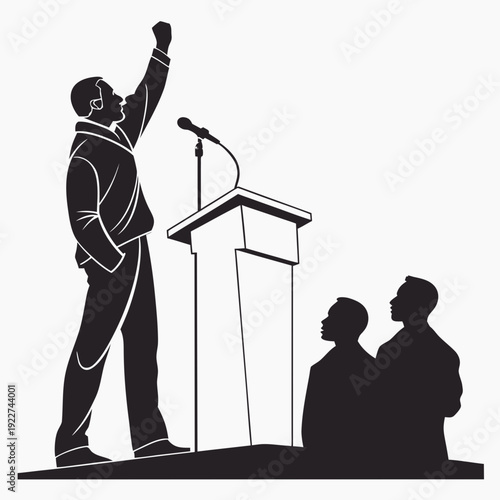A man giving a speech at a podium with two listeners