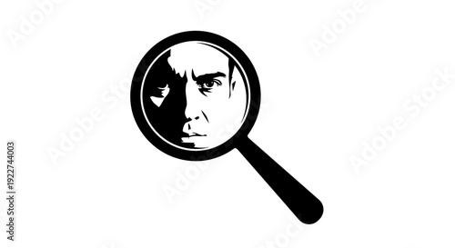 Magnifying glass focusing on a man's face in black and white illustration.
