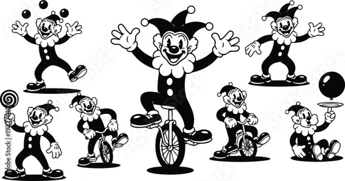 Retro cartoon clown unicyclist juggling and performing multiple circus acts with balloons lollipop and tricycle in black and white playful