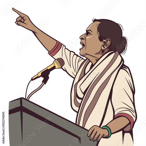 A woman in a white and brown striped shawl giving a speech