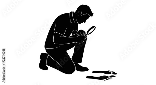 Man kneeling on ground examining object with magnifying glass.