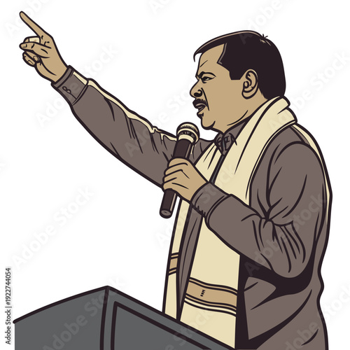 A man in a brown suit speaking into a microphone