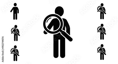 Person with magnifying glass examining people icons collection.