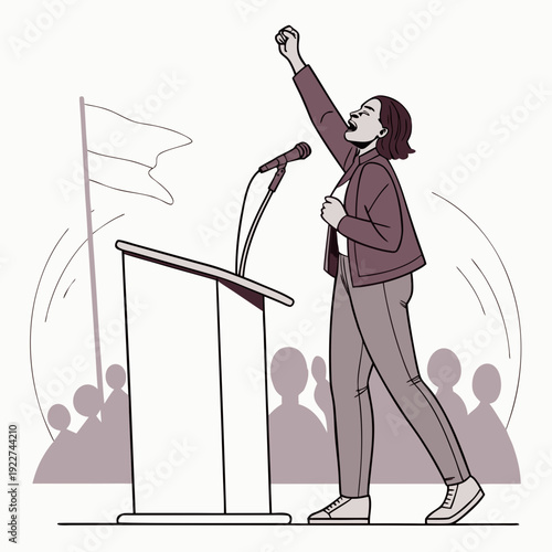 A woman giving a speech at a podium with a crowd in the background