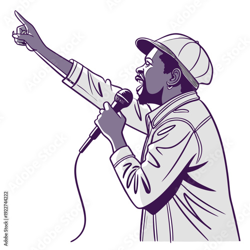A man in a hat is pointing while speaking into a microphone