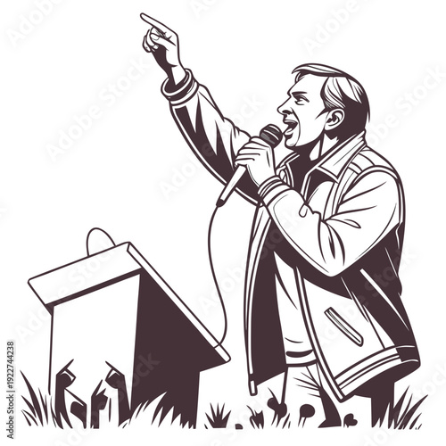 A man in a coat is giving a speech outdoors