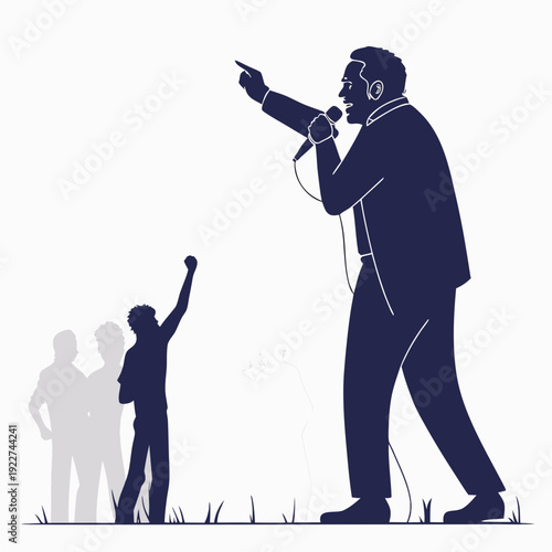 A man speaks into a microphone while pointing forward