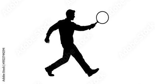 Silhouette of a man running with a magnifying glass.