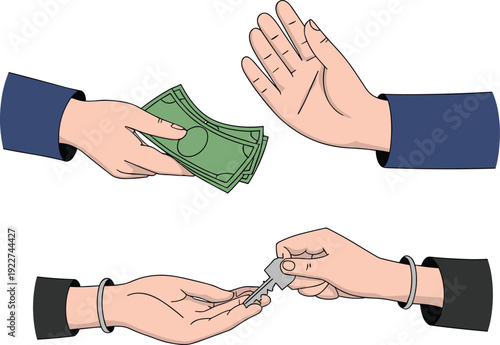 Hand giving money and refusing bribe, corruption concept with cash exchange and handcuffs with key transaction, anti bribery illustration isolated on white