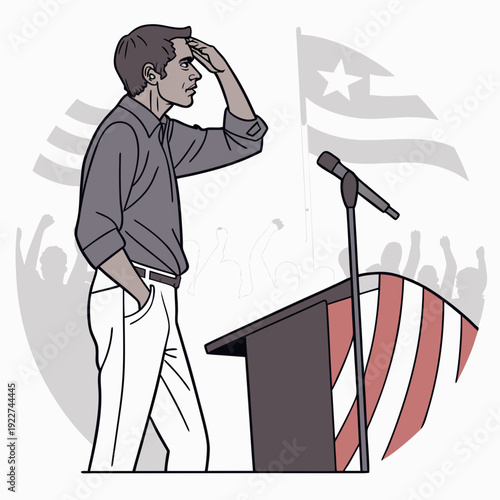 A man stands at a podium with a puerto rican flag