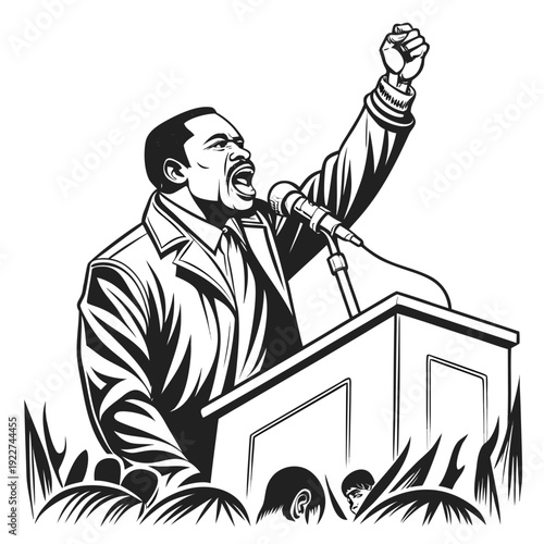 A man giving a speech from a podium with his fist raised