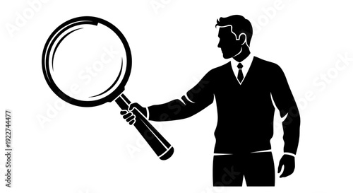 Businessman holding a large magnifying glass for inspection or investigation.