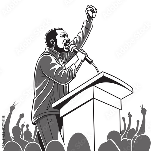 A man giving a speech to a crowd of people