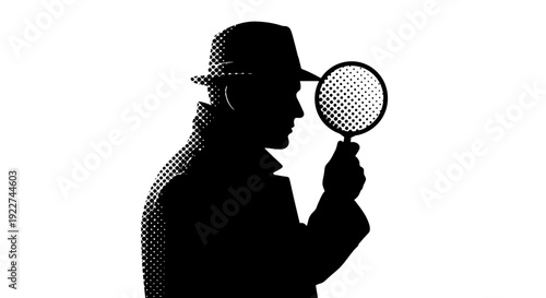 Silhouette of a detective examining with a magnifying glass.