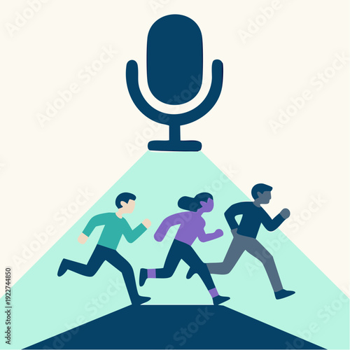 colorful runners sprint beneath a dramatic cone of light cast from a large microphone above them; bold shapes and contrasting tones create a lively scene that blends performance, momentum