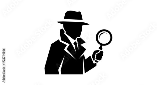 Silhouette of a detective examining with a magnifying glass.