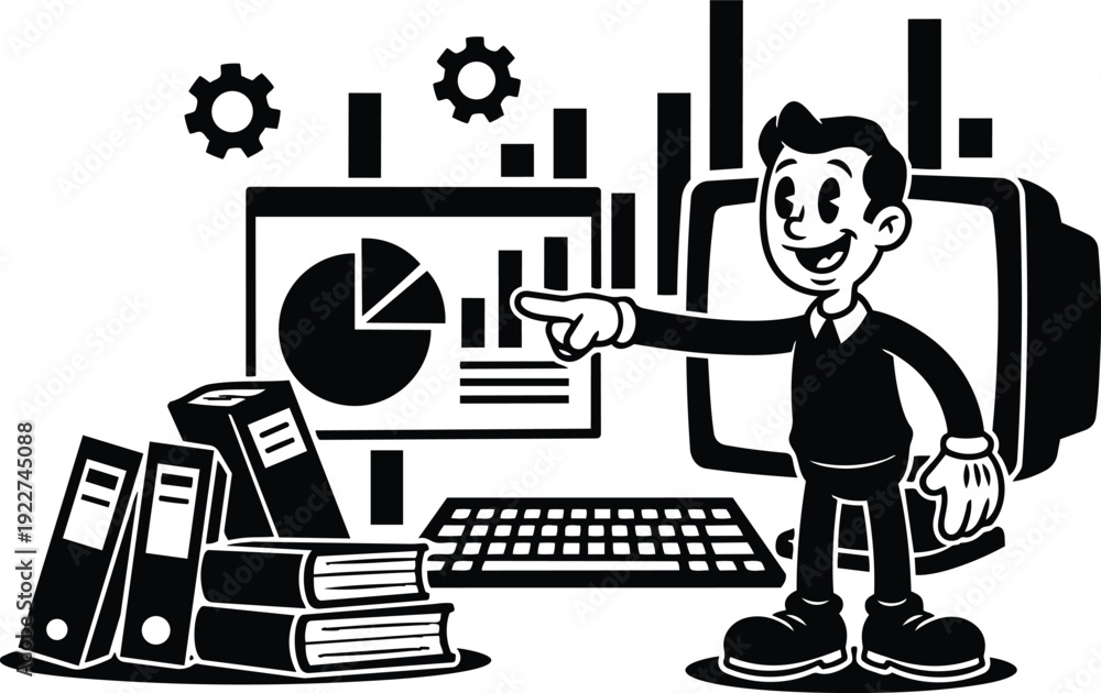 Fototapeta premium Retro cartoon vector businessman smiling pointing at pie chart with stacked books binders keyboard monitor gears in office low angle