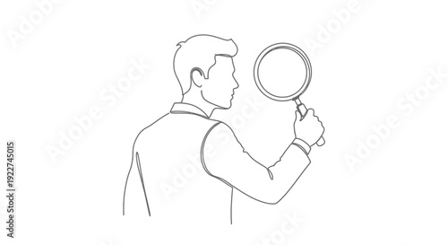 Man holding a magnifying glass, examining closely, simple line art illustration.