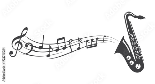 Saxophone and musical notes. Treble clef on sheet music. Musical note icons.