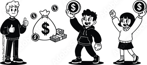 Retro cartoon 90s close up smiling kids holding coins and money bag celebrating savings school vector line art black white