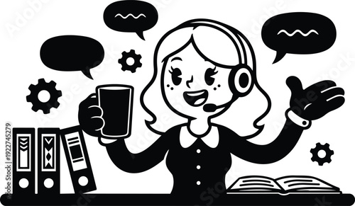 Flat design close up cheerful customer support agent with headset holding coffee mug behind desk with binders and open book