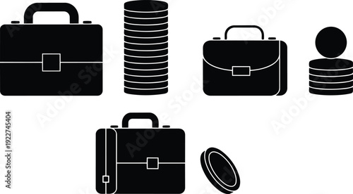 Flat design close up of three briefcase icons with coin stacks and user token top view in simple black silhouettes