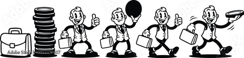 Retro cartoon 1950s sequence of smiling businessman with briefcase coins balloon tipping hat walking looking at camera confident stride wink