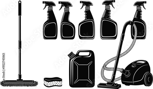 WebVector illustration of cleaning supplies silhouettes including mop, spray bottles, sponge, detergent container, vacuum cleaner, concept for household, sanitation, hygiene, maintenance