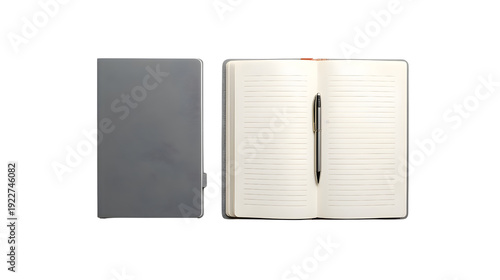 notebook , notepad setup, grey design, closed and opened with ballpoint pen, business writing table concept, top down view, flat lay, png, isolated on transparent background