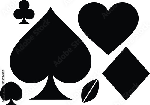 Flat design bold black playing card suits group close up spade heart diamond club with small leaf accent centered isolated