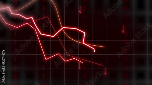 Financial Crisis,  Market Decline , Economic Recession And Business Loss Concept Animation. Red Glowing Downward Graph Lines Moving down On Dark Grid Background  