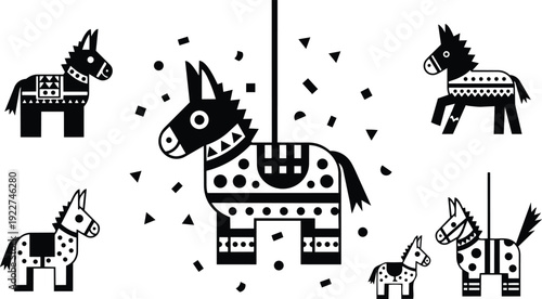 Vector art fiesta pinata donkey hanging with confetti in flat black and white decorative folk pattern composition close up playful