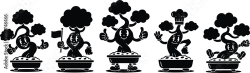 Retro cartoon bonsai mascot set five expressive tree characters in pots showing thumbs flag chef hat playful smiling silhouette