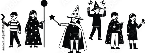 Flat design close up group of children dressed as wizards casting spells with wands capes hats playful line art illustration
