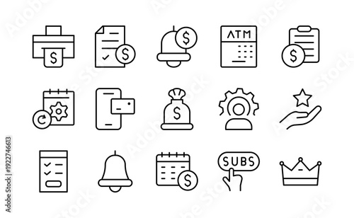 Billing and Subscription Services Line Icon Set. Billing, invoice, receipt, bill, payment, membership, subscription plan, digital payment, icons vector illustration. Editable pixel-perfect stroke icon