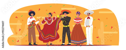 Mexican people characters for Cinco de Mayo celebration, isolated on decorative orange background. Men and women in traditional clothing performing Mariachi music and Folkloric dance. Flat characters 