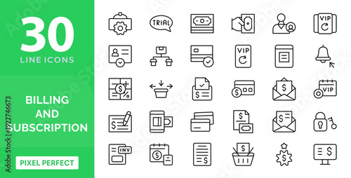 Billing and Subscription Services Line Icon Set. Billing, invoice, receipt, bill, payment, membership, subscription plan, digital payment, icons vector illustration. Editable pixel-perfect stroke icon