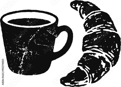 Black cup of coffee with croissant breakfast, morning drink and pastry simple illustration