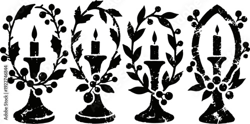 Vintage candle holders with holly wreaths in black silhouette, traditional christmas decoration set