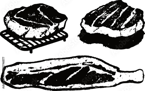 Grilled meat cuts set, various barbecue steak pieces on grill